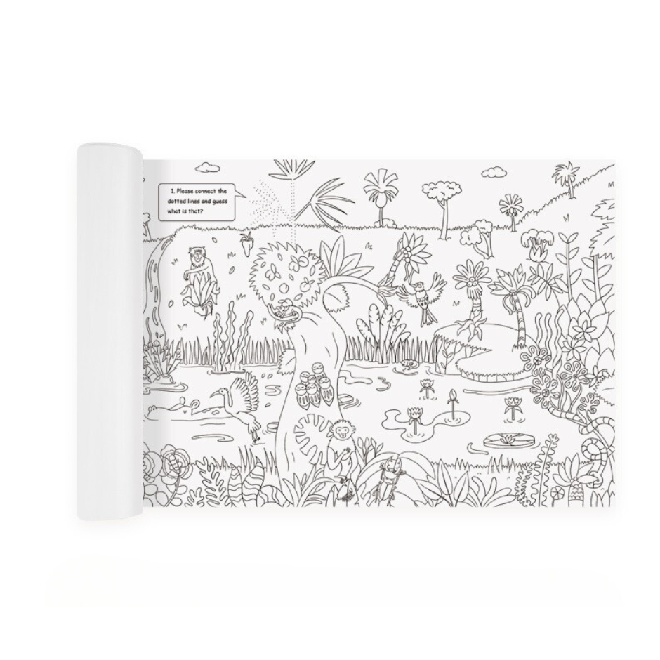 Kolorowanka w rolce dżungla od Yamann z czarno-białym rysunkiem zwierząt i roślin