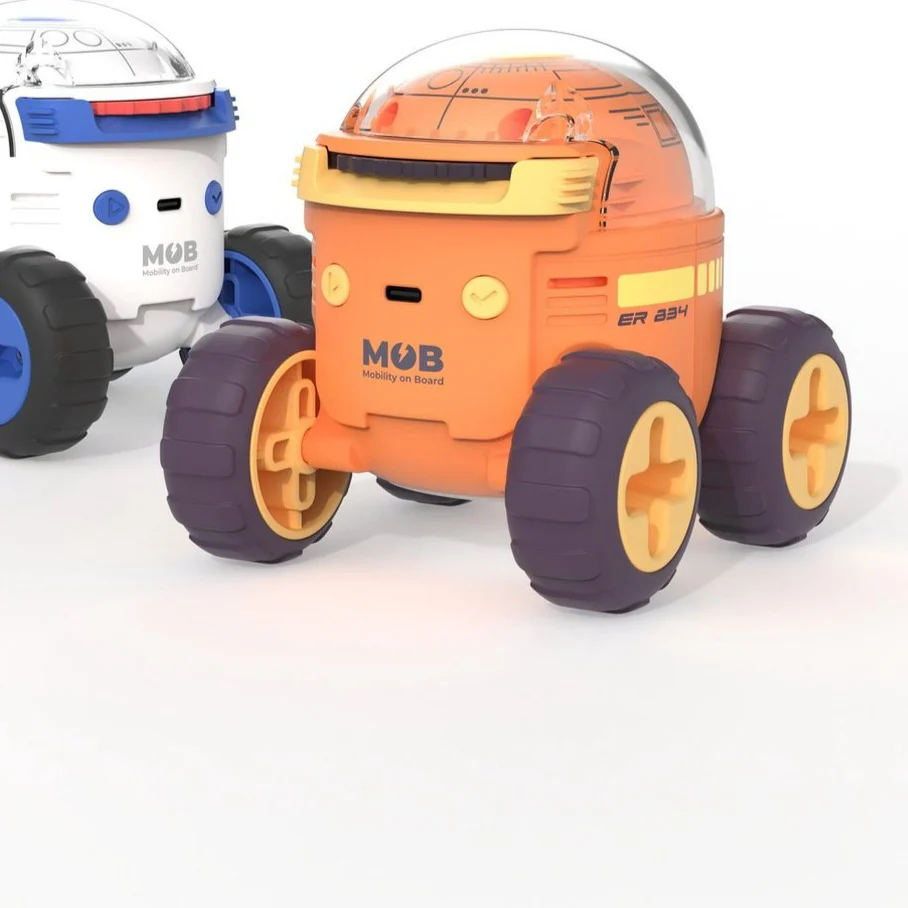 Projektor kosmiczny dla dzieci MOB w kształcie robota z dużymi kołami i przezroczystą kopułą