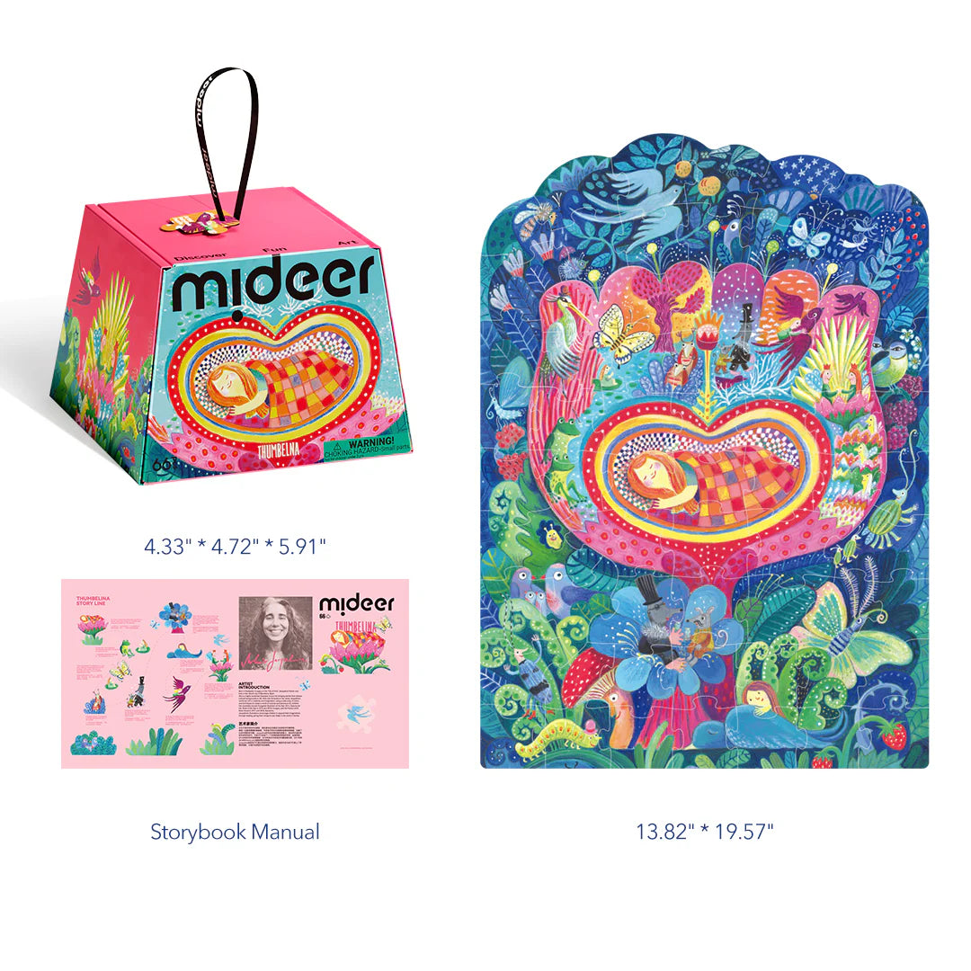 Puzzle artystyczne Calineczka marki mideer z kolorowym, bajkowym motywem postaci Calineczki wśród kwiatów