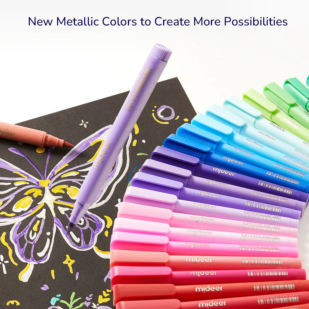 Kolorowe markery akrylowe mideer z pędzelkową końcówką ułożone obok rysunku motyla