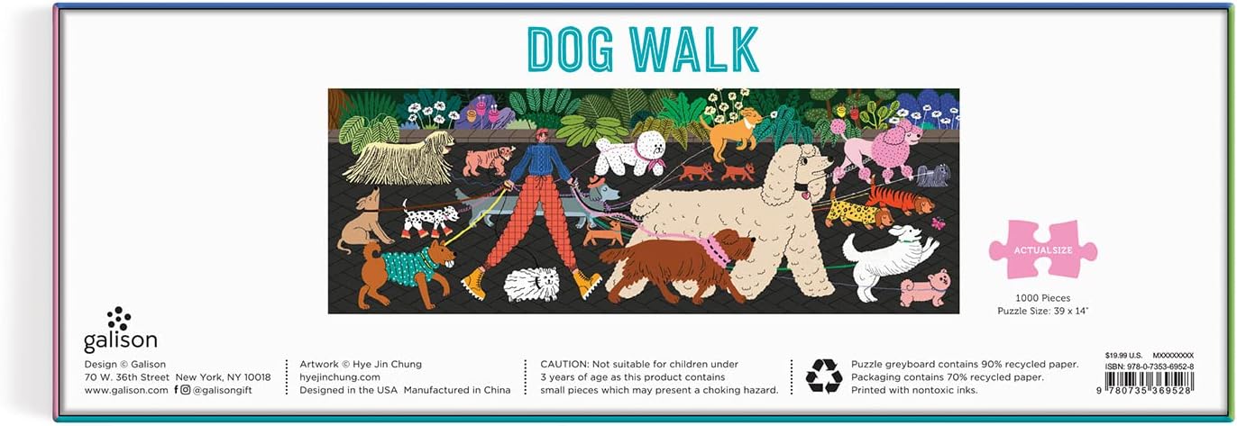 Puzzle z psami 1000 elementów Galison z kolorowym obrazem różnych ras psów na spacerze