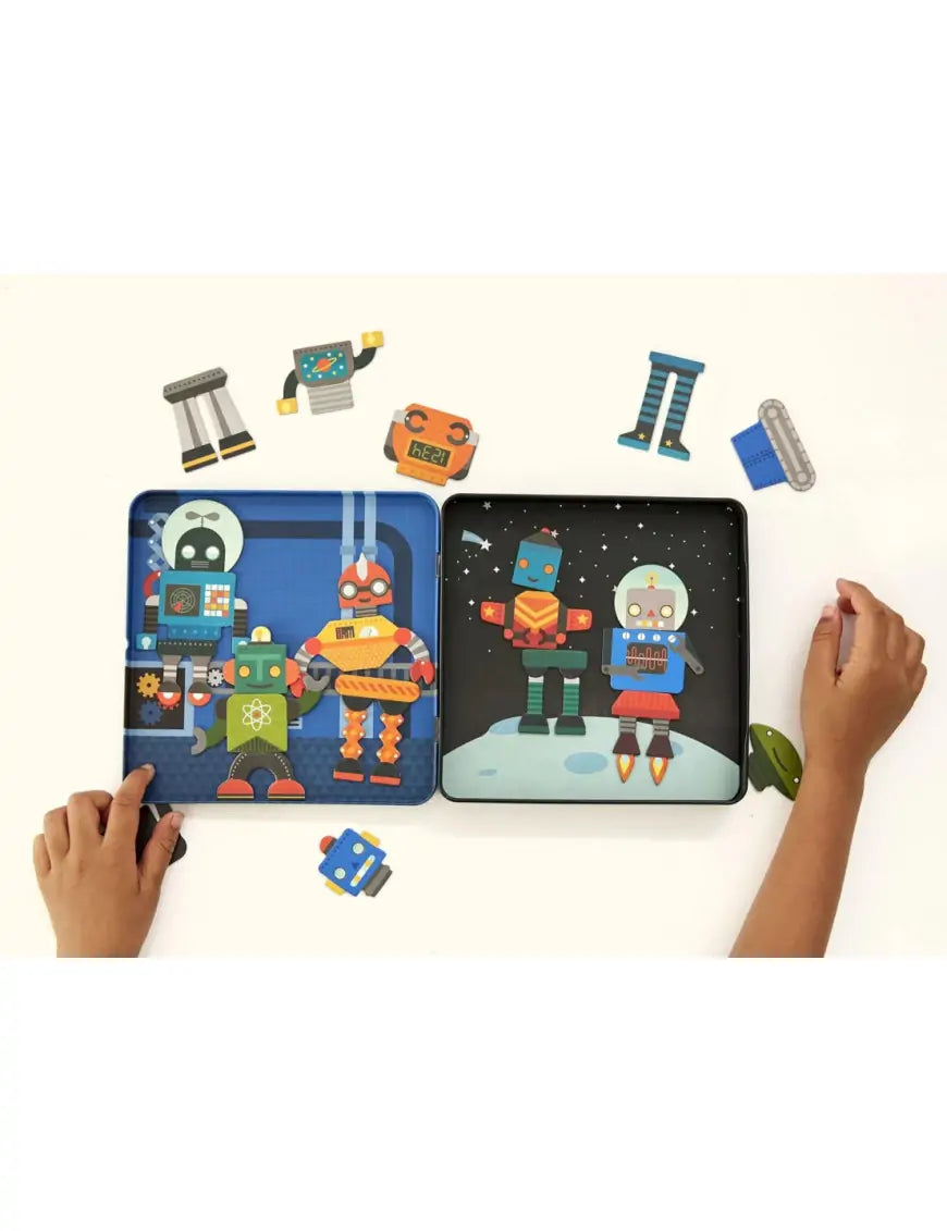 Magnetyczna układanka roboty Yamann z kolorowymi częściami i dziećmi bawiącymi się zestawem