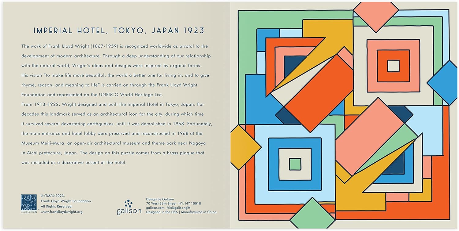 Puzzle drewniane Frank Lloyd Wright z kolorowym geometrycznym wzorem inspirowane Archiwum Imperial Hotel Tokyo
