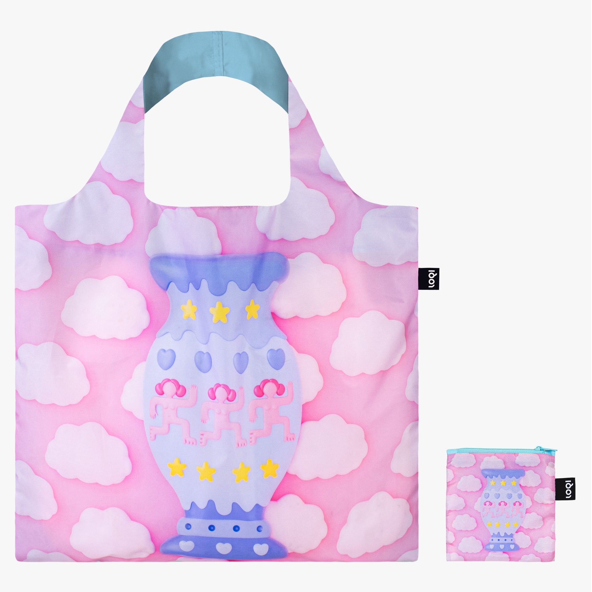 Kolorowa torba podręczna na zakupy z wzorem chmur i wazy na różowym tle marki Yamann