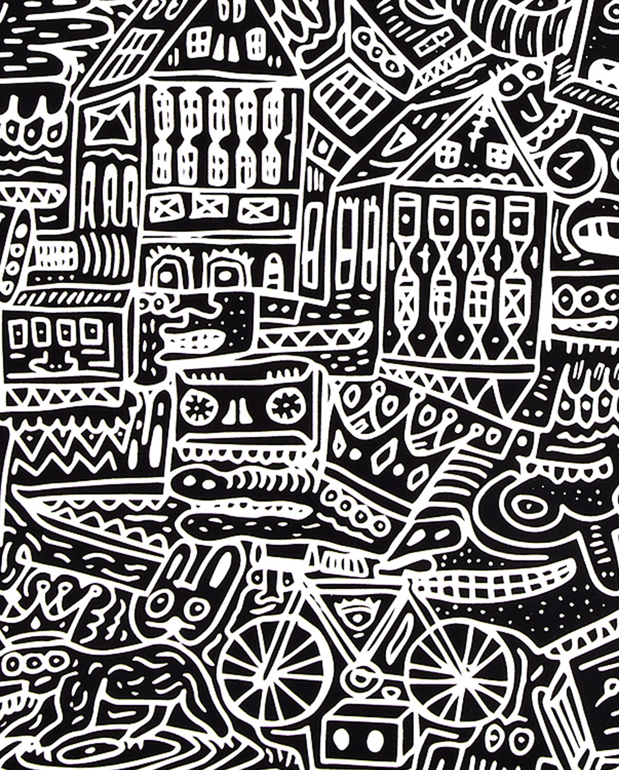 Czarnobiały notatnik Frankfurt z detalicznym, artystycznym wzorem przedstawiającym rower i zwierzęta