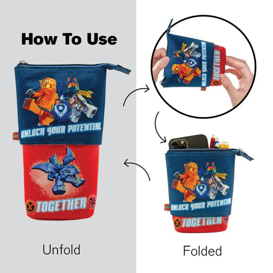 Piórnik LEGO Ninjago dwukomorowy niebiesko-czerwony z nadrukiem postaci i instrukcją składania