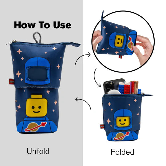 Niebieski piórnik LEGO astronauta niebieski z motywem kosmicznym, składany i rozkładany, na przybory szkolne