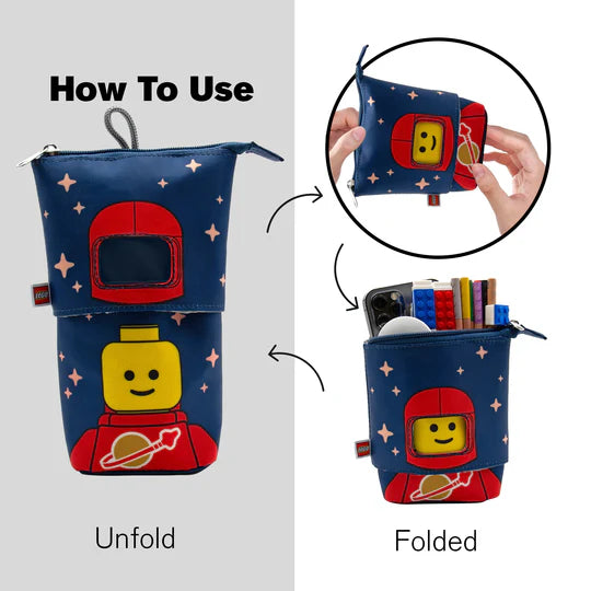 Niebieski piórnik LEGO czerwony astronauta z motywem kosmicznym, składany do kompaktowego rozmiaru