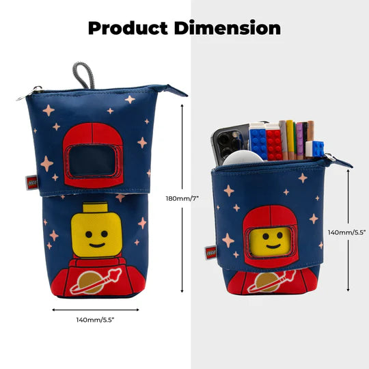 Piórnik LEGO czerwony astronauta w granatowym kolorze z motywem kosmicznym i figurką astronauty