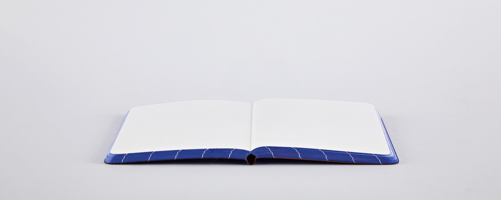 Otwarty notatnik niebieski kratka z pustymi białymi kartkami na jasnym tle