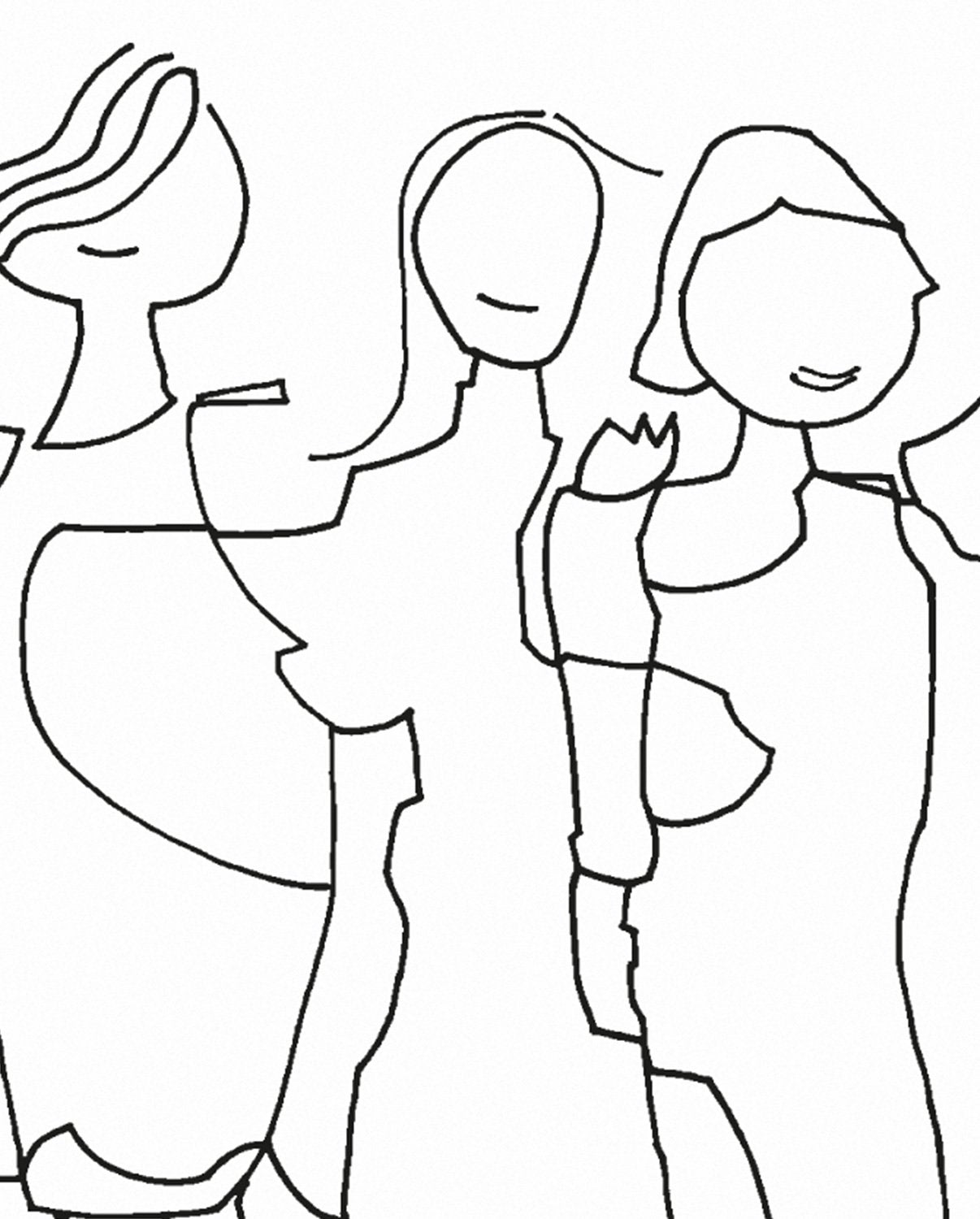 Minimalistyczny rysunek trzech postaci na stronie notatnika artystycznego Friends od BV JACOB COMPANY