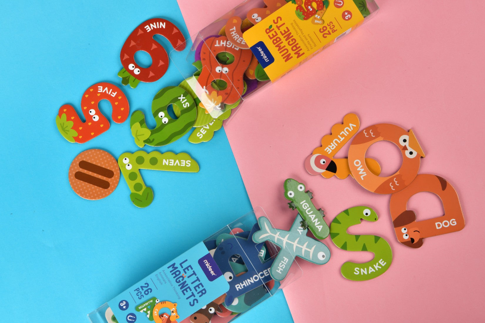 Zestaw kolorowych magnetycznych liczb dla dzieci z obrazkami zwierząt i angielskimi nazwami