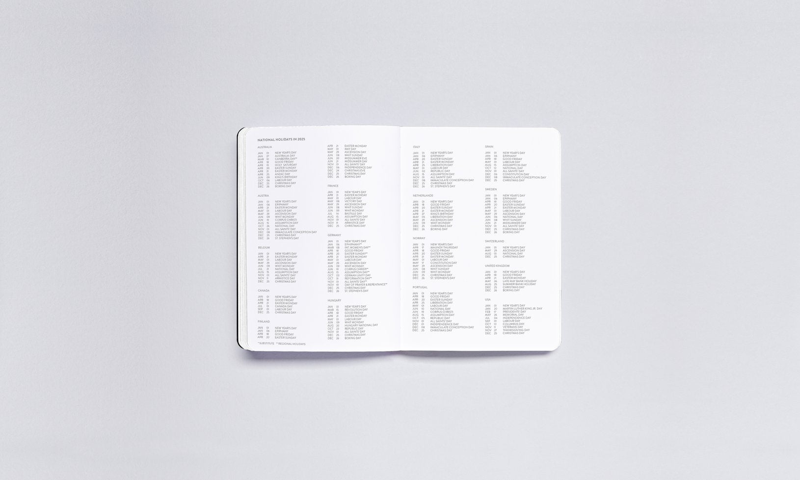 Otwarty kalendarz tygodniowy 2025 z tabelą dni i miesięcy na białym tle od BV JACOB COMPANY