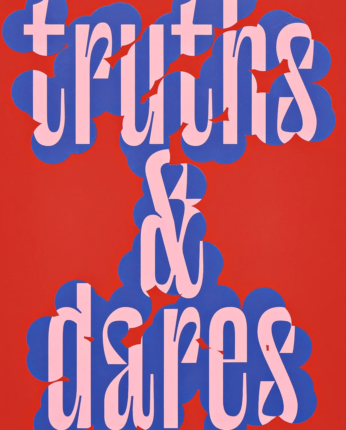 Czerwony notatnik truths & dares z dużym niebieskim i różowym napisem na okładce