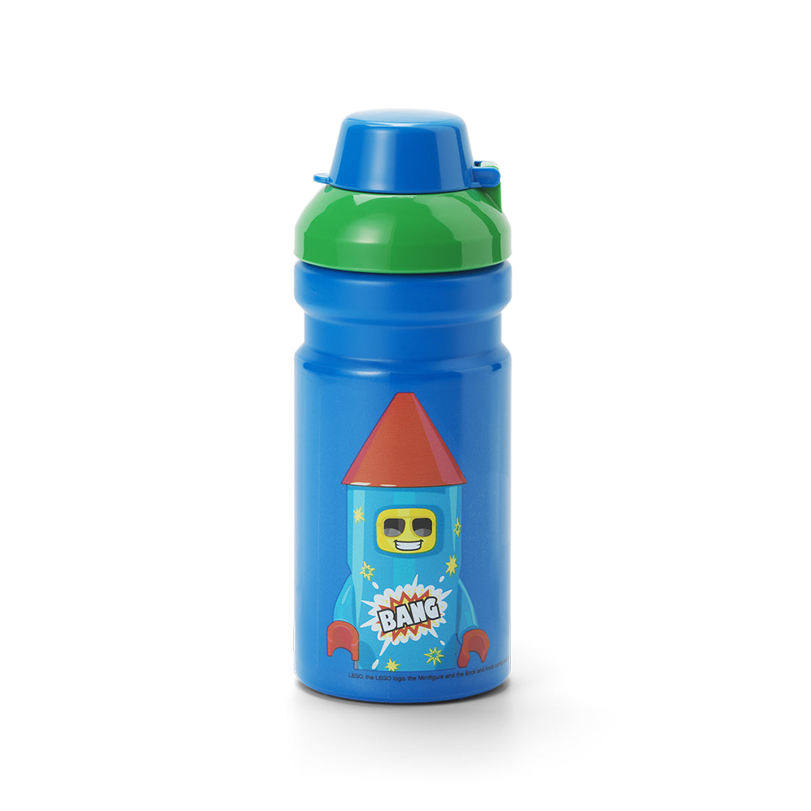 Bidon LEGO 390 ml w niebieskim kolorze z grafiką postaci LEGO i zieloną zakrętką