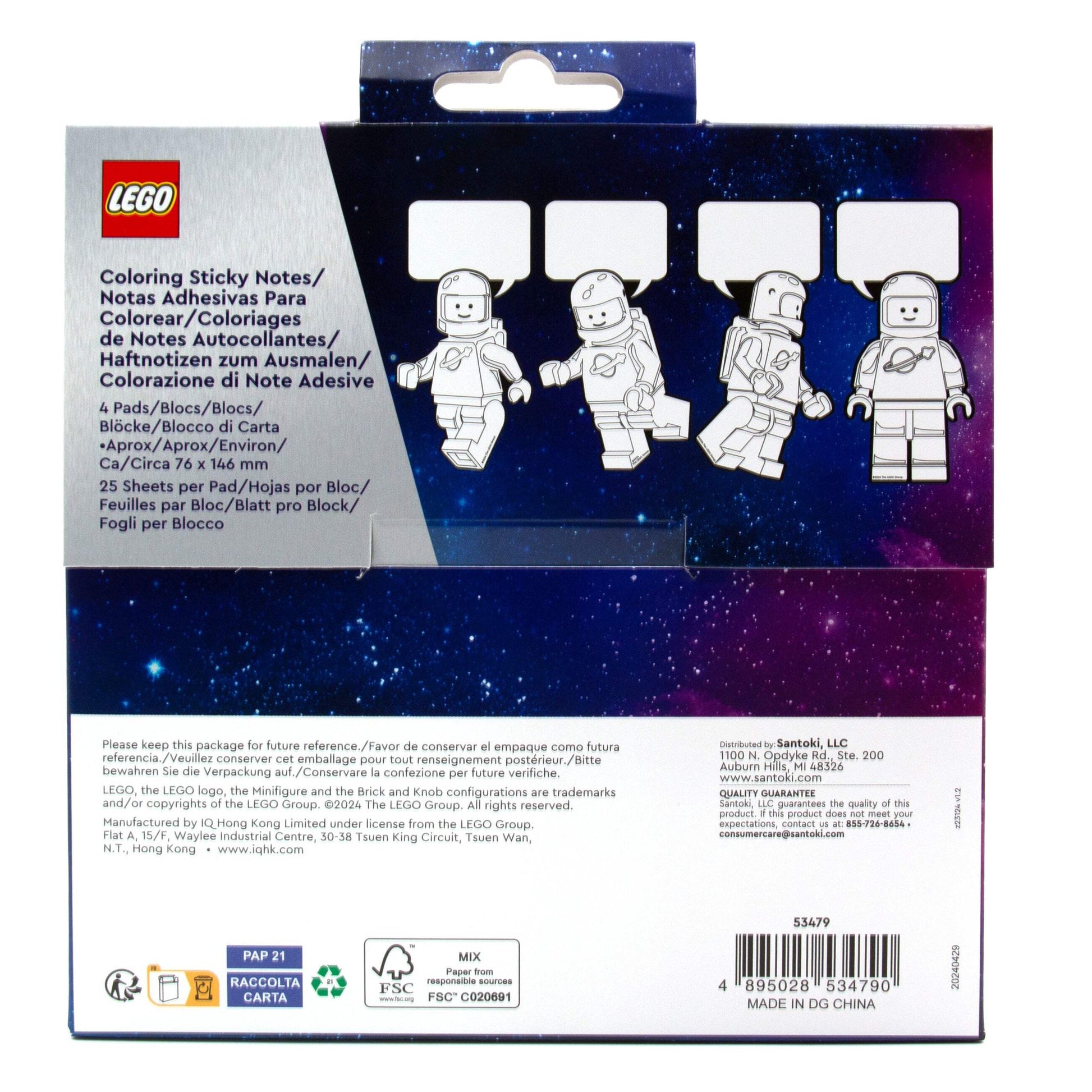 Opakowanie samoprzylepnych karteczek LEGO kosmos z postaciami astronautów na tle gwiaździstego nieba