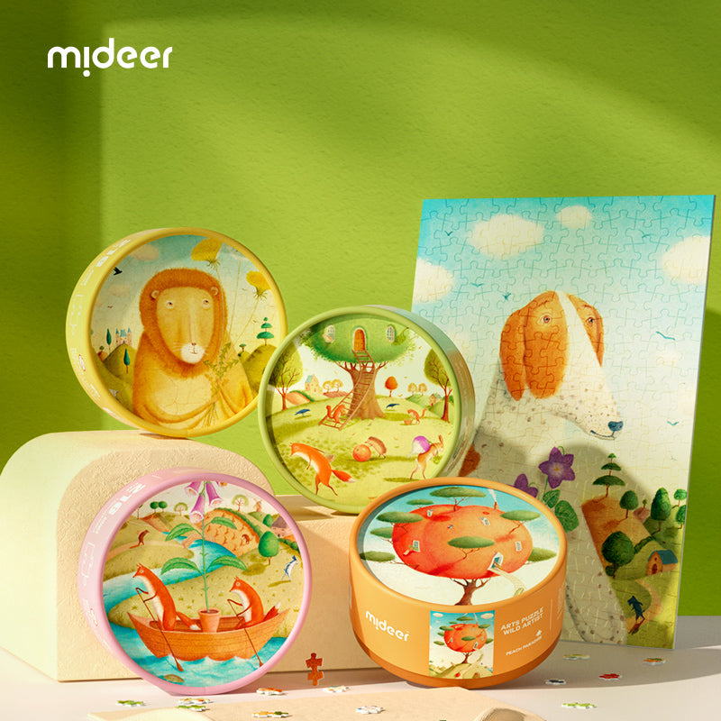 Mideer artystyczne puzzle dla dzieci z motywami zwierząt w kolorowych opakowaniach