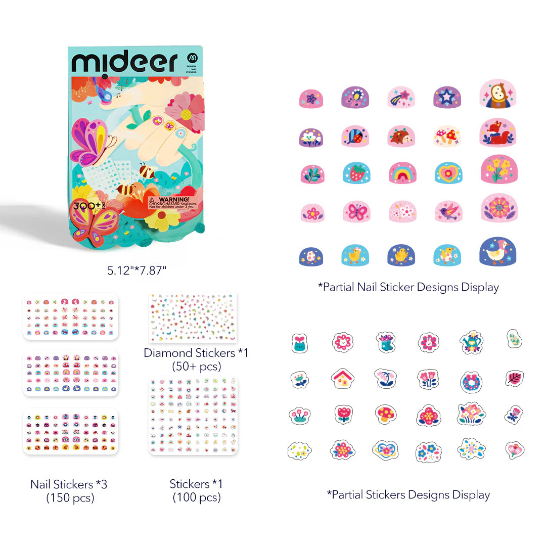 Zestaw naklejek na paznokcie dla dzieci od Yamann z kolorowymi wzorami i motywami kwiatów i zwierząt