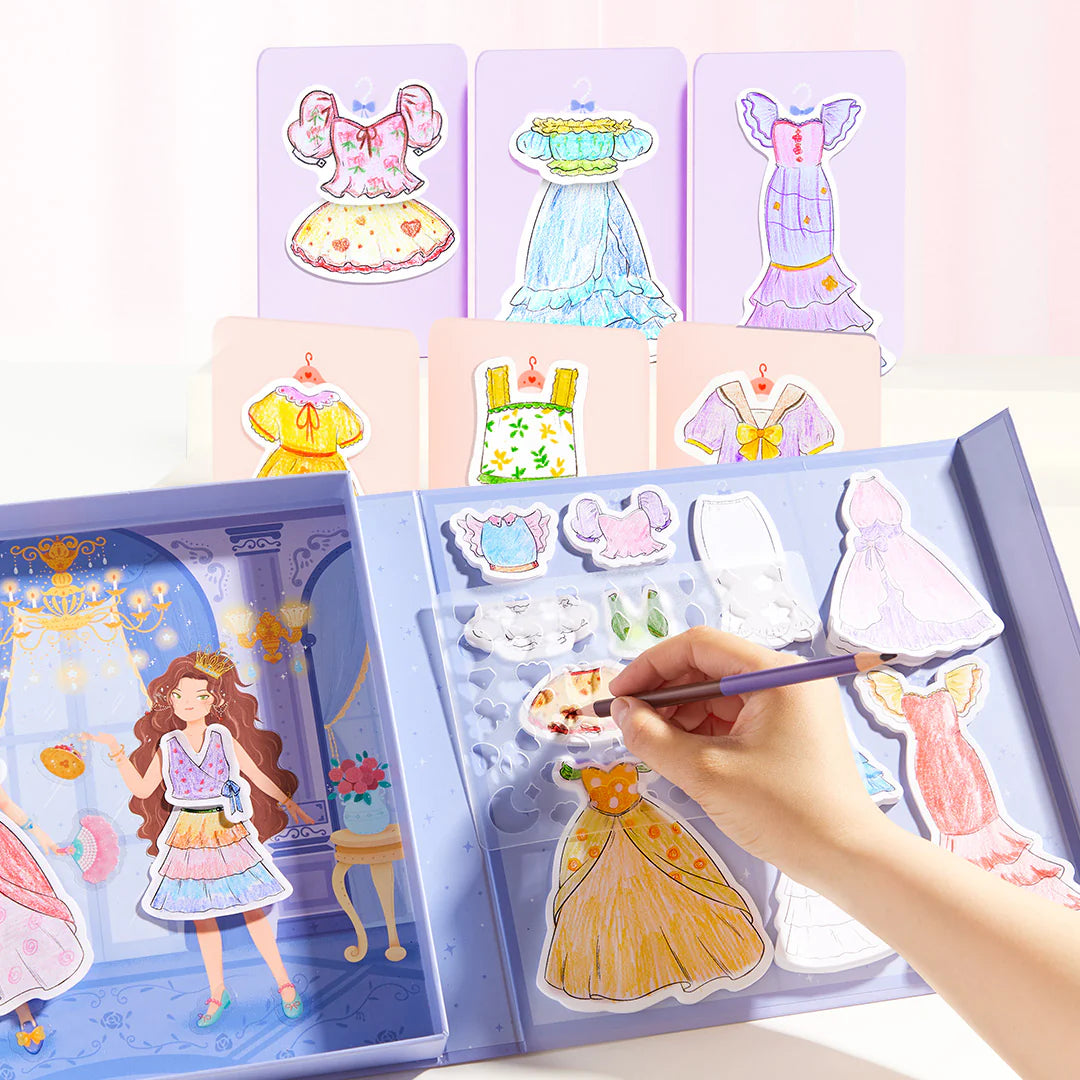 Kolorowanka przebieranka dla dzieci marki Yamann z kartami i ozdobami do malowania sukienek