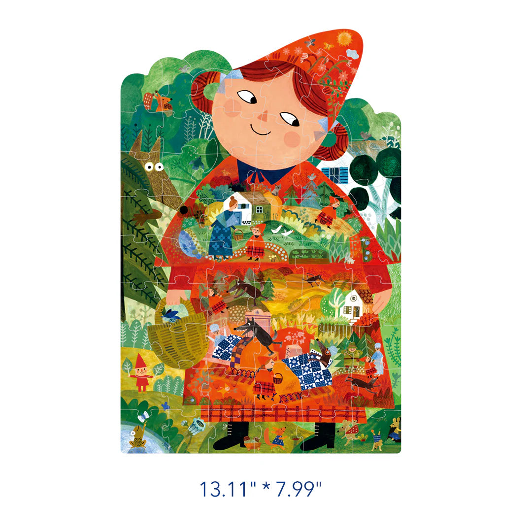 Kolorowe puzzle artystyczne dla dzieci przedstawiające postać dziewczynki w czerwonym ubraniu na tle lasu i domu