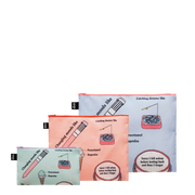 Zestaw saszetek LOQI w trzech rozmiarach z kolorowymi nadrukami i zamkami błyskawicznymi