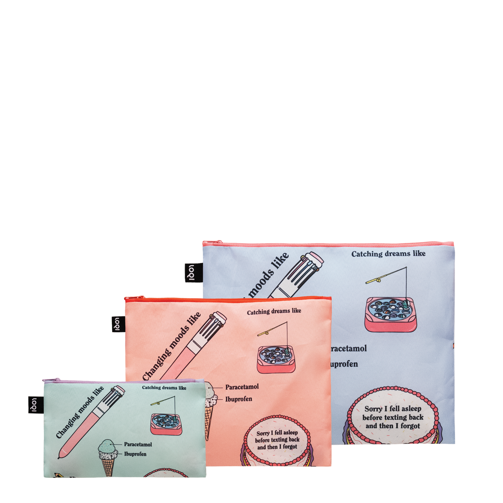 Zestaw saszetek LOQI w trzech rozmiarach z kolorowymi nadrukami i zamkami błyskawicznymi