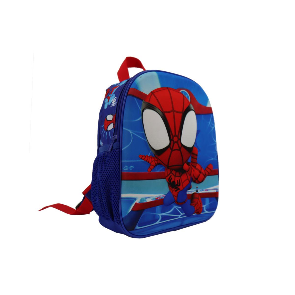 Kolorowy plecak Spidey dla dzieci z motywem Spider-Mana na niebieskim tle i czerwonymi paskami