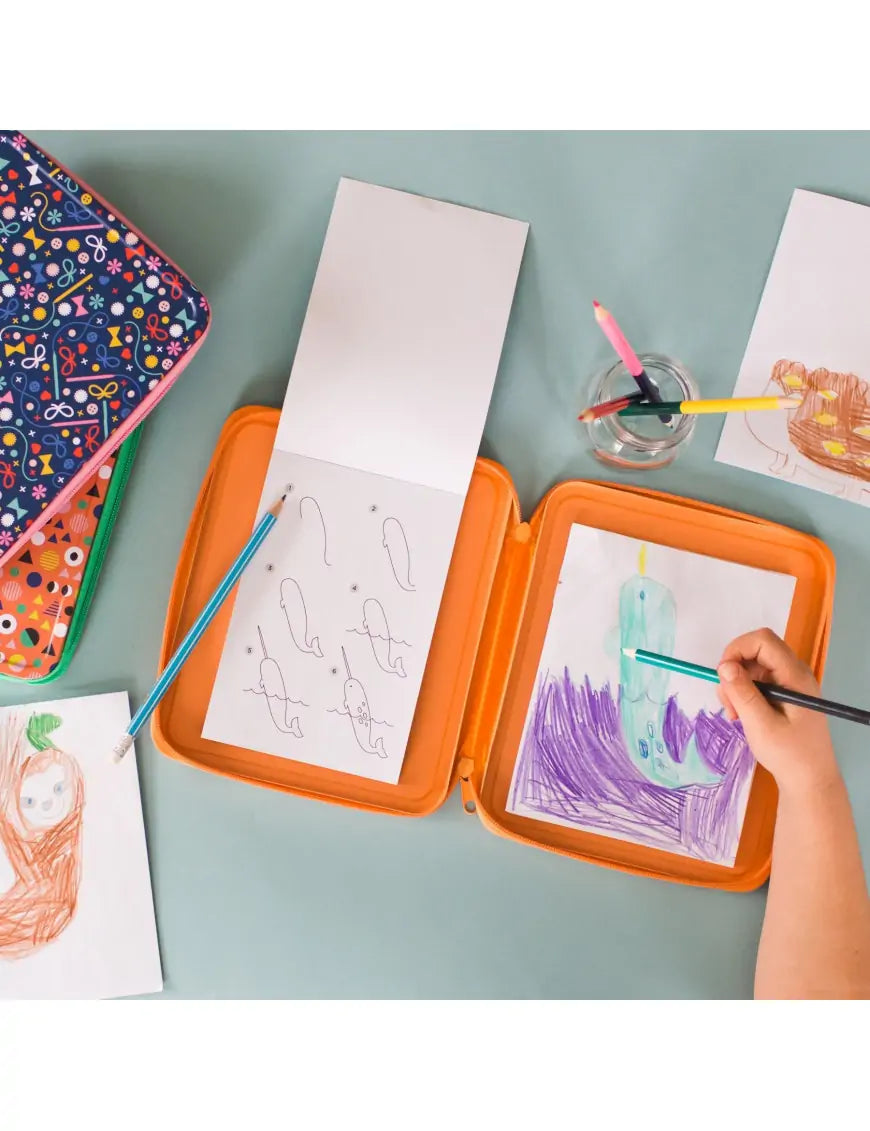 Zestaw do rysowania Yamann pokazujący jak rysować zwierzęta z kolorowymi ołówkami i szkicownikiem