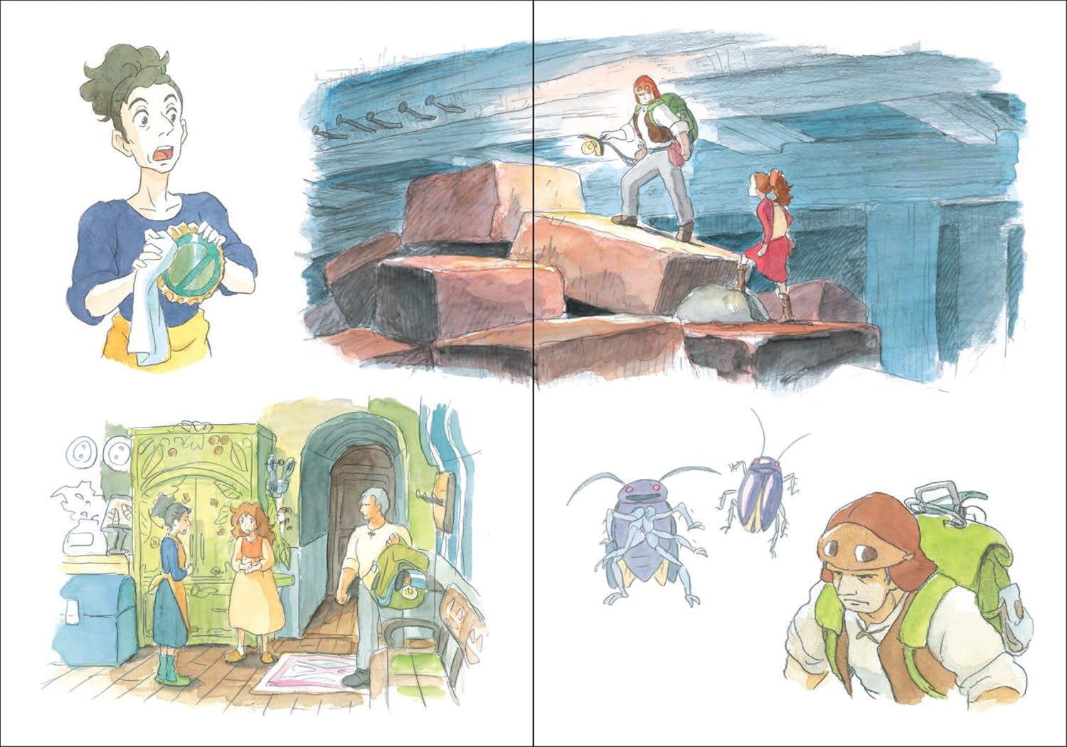 Ilustracja z dziennika Studio Ghibli Secret Arrietty przedstawiająca postacie i sceny z filmu