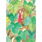 Ilustracja dziennika Studio Ghibli Secret Arrietty z postacią dziewczynki w czerwonej sukience wśród liści