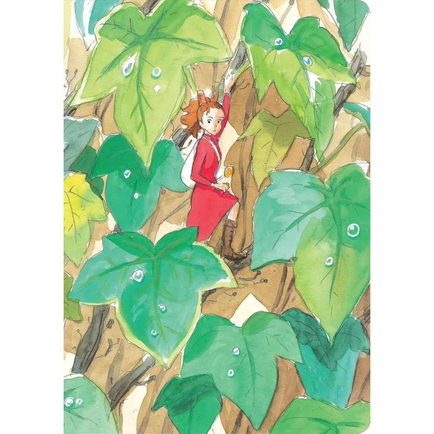 Ilustracja dziennika Studio Ghibli Secret Arrietty z postacią dziewczynki w czerwonej sukience wśród liści