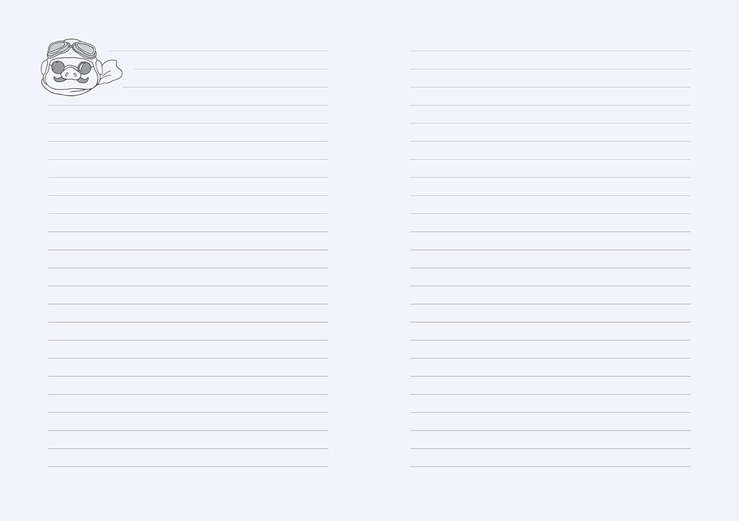 Strony dziennika Studio Ghibli Porco Rosso z liniami do pisania i grafiką postaci Pilota świnki