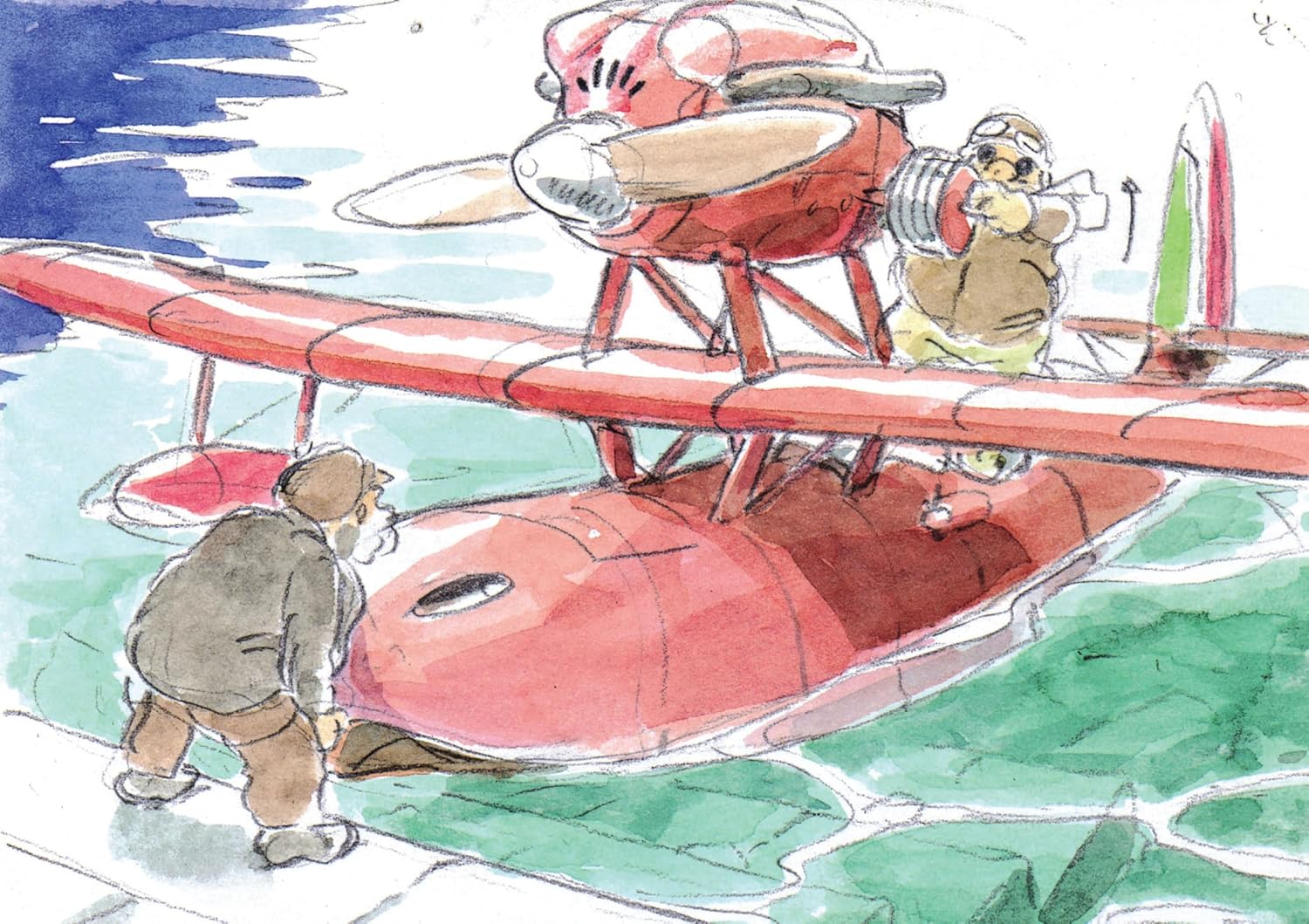 Ilustracja samolotu z filmu dziennik Studio Ghibli Porco Rosso w stylu akwareli