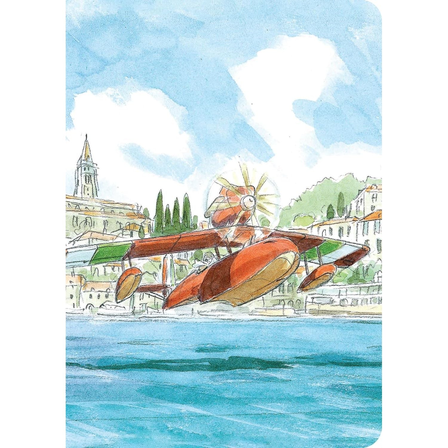 Ilustracja samolotu na wodzie w stylu dziennika Studio Ghibli Porco Rosso z motywem miasta w tle