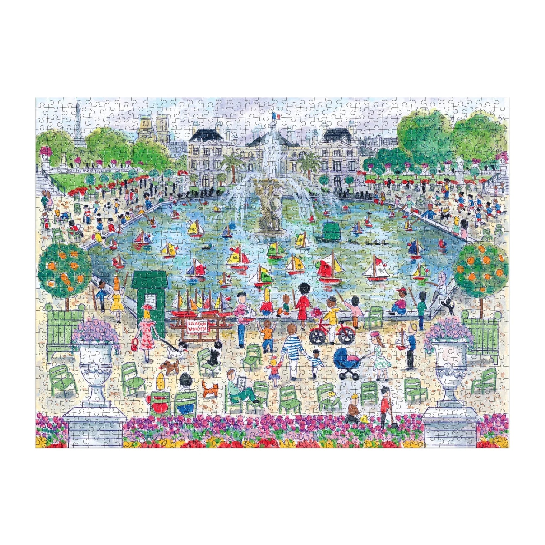 Puzzle 1000 elementów wiosna przedstawiające tętniący życiem park z fontanną i ludźmi przy stawie