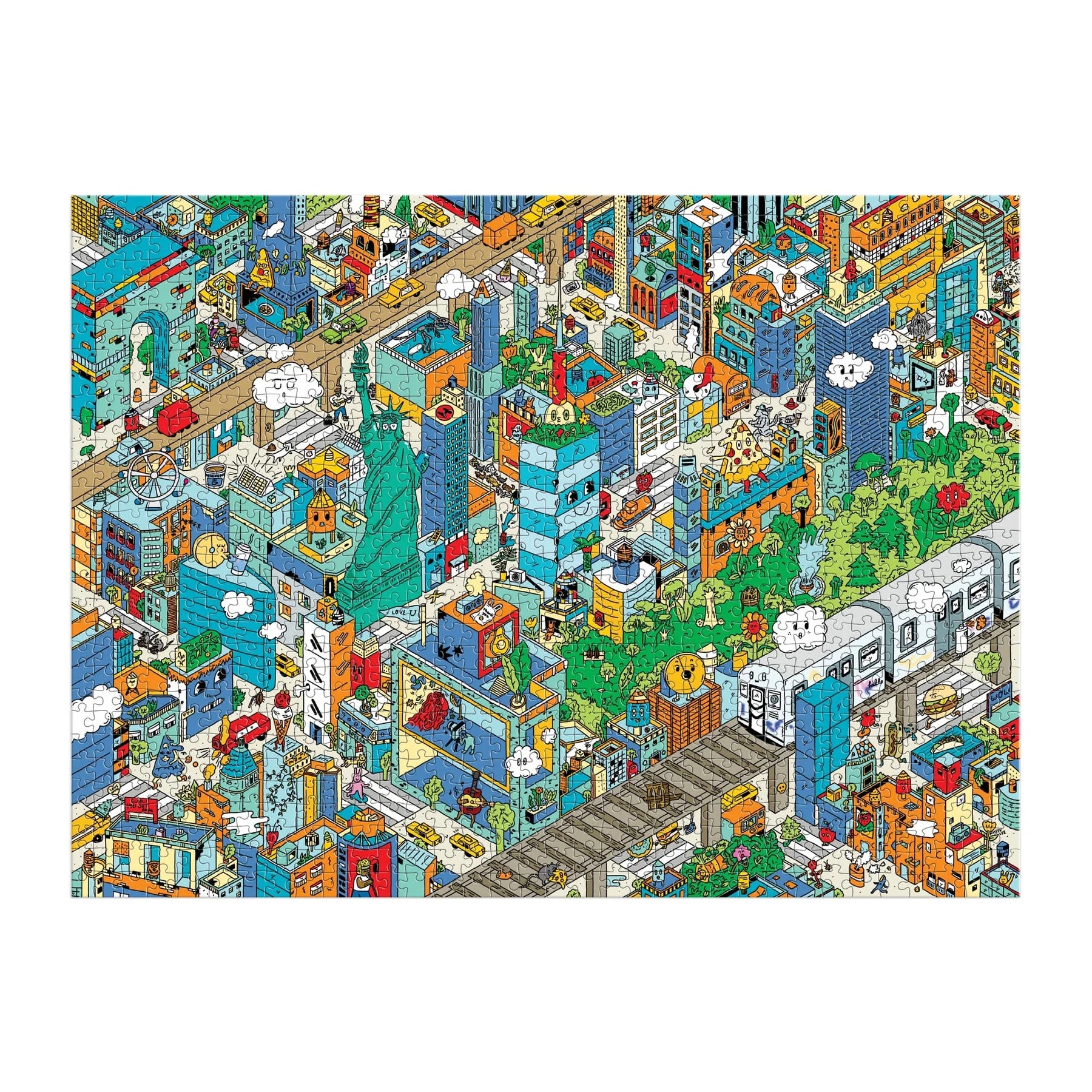 Kolorowe puzzle 1000 elementów Nowy Jork przedstawiające szczegółową kreskówkową mapę miasta z wieżowcami i Statua Wolności