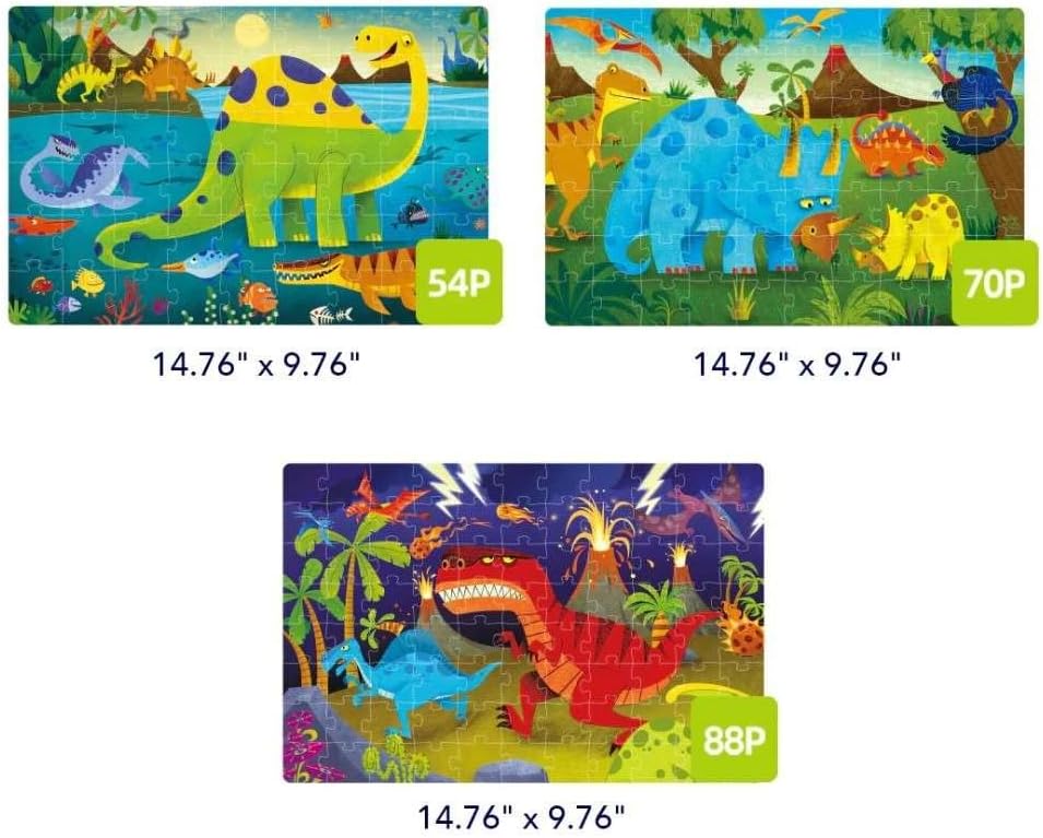 Zestaw kolorowych puzzli dinozaury dla dzieci z różną liczbą elementów 54, 70 i 88