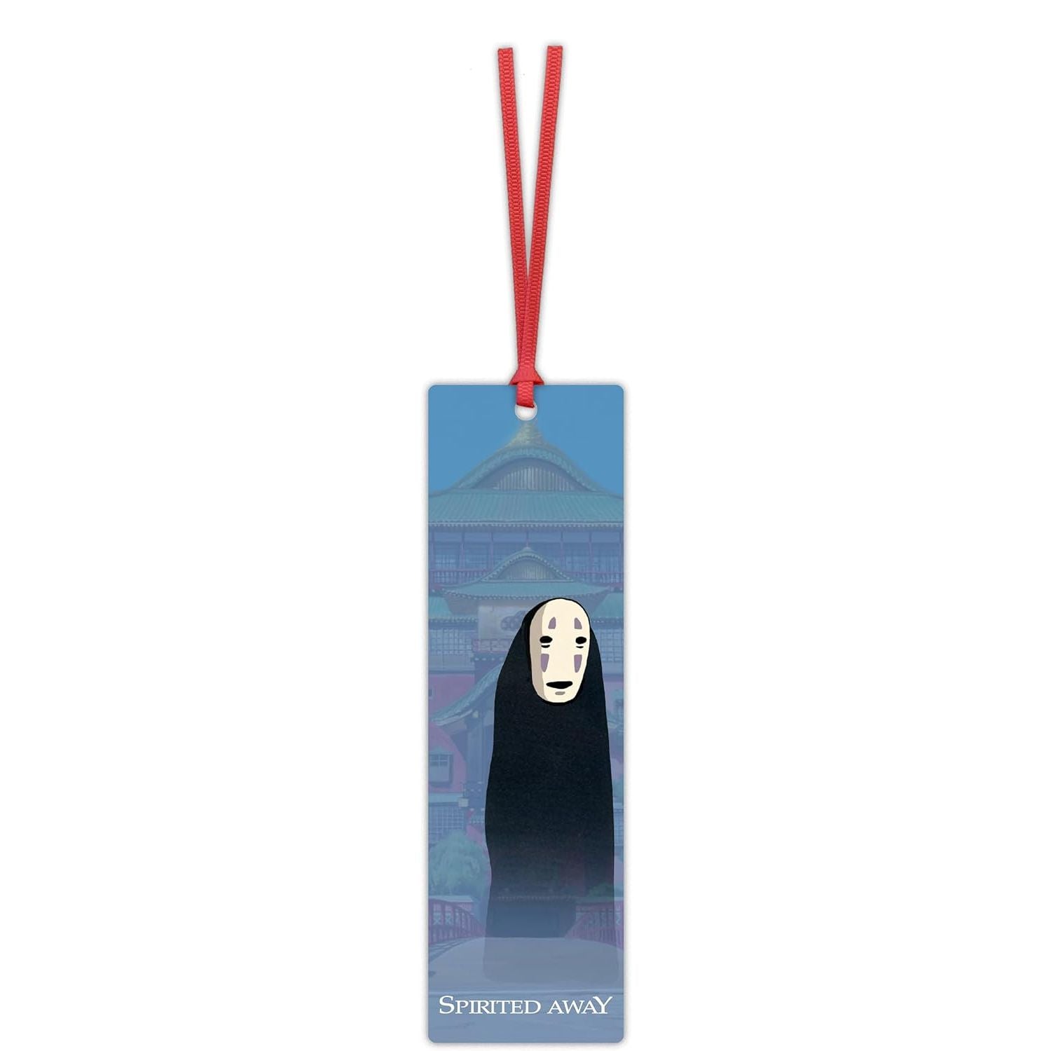 Zakładka do książki Spirited Away z postacią Bezimiennego ducha na tle świątyni