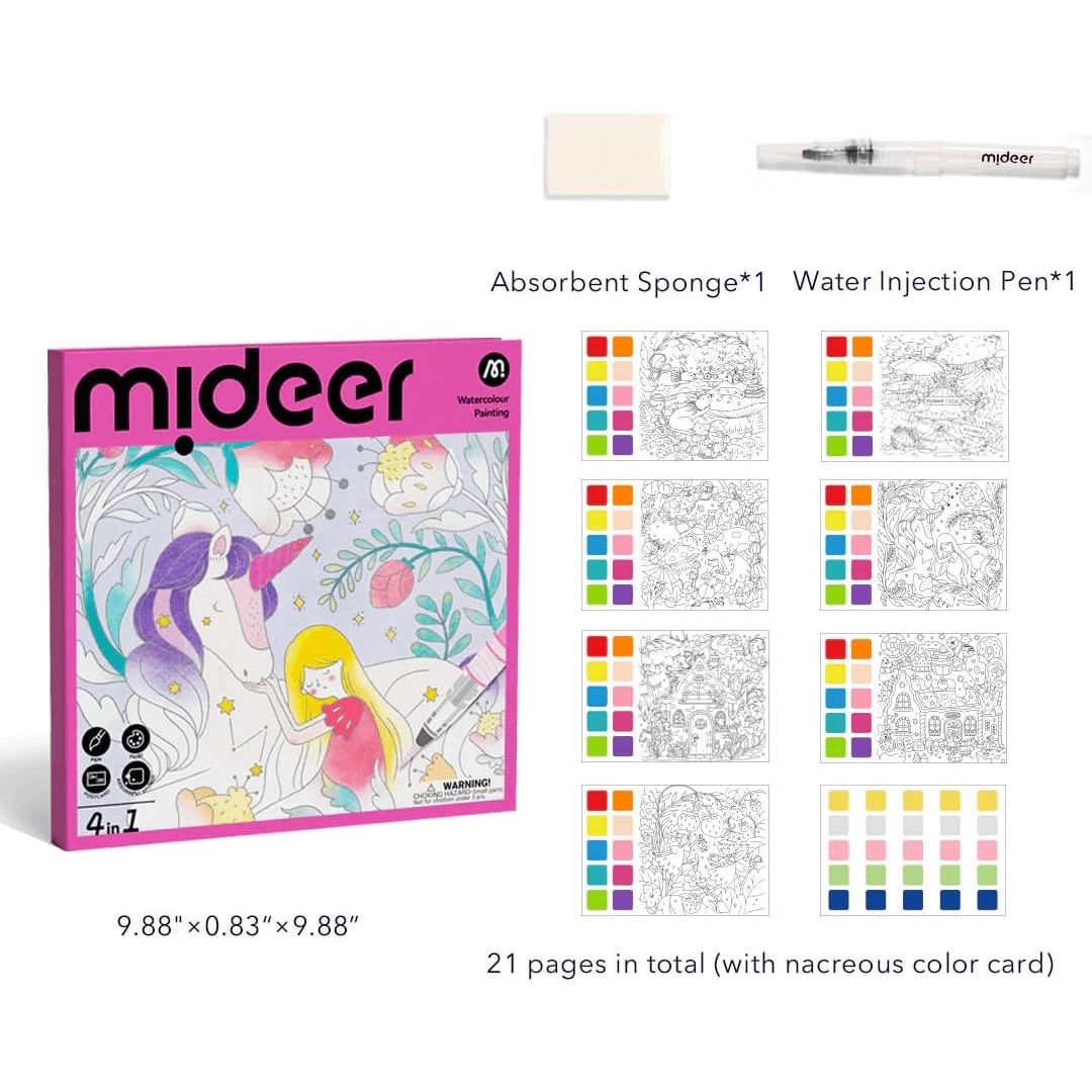 Duża kolorowanka akwarelowa dla dzieci Mideer z 21 stronami i pisakiem wodnym do malowania