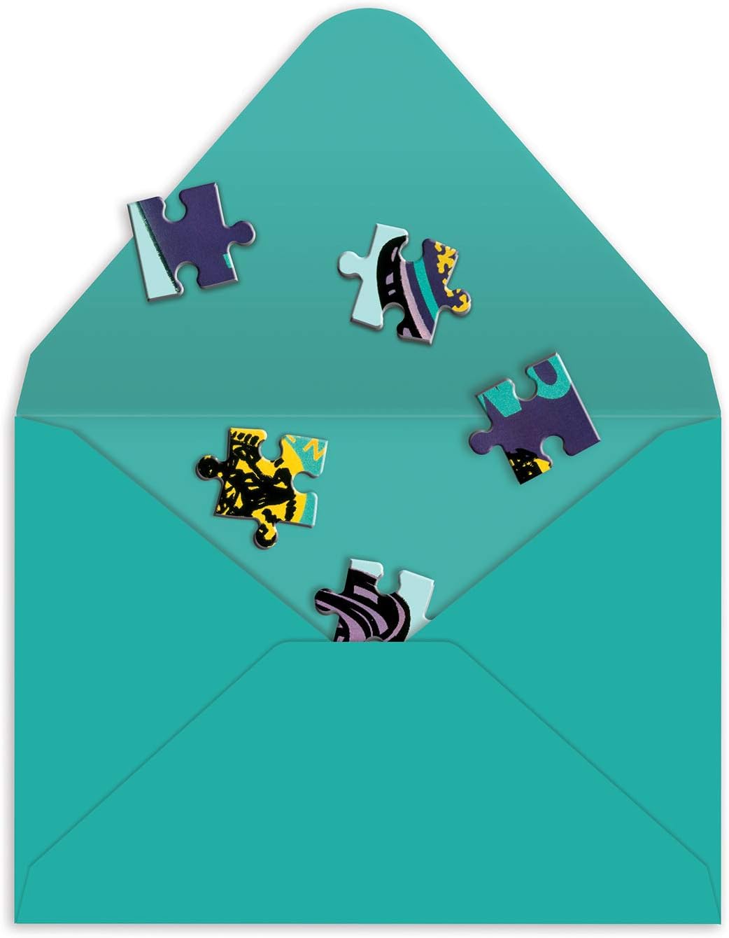 Turkusowa koperta z rozsypanymi elementami Andy Warhol puzzle widocznymi na wierzchu