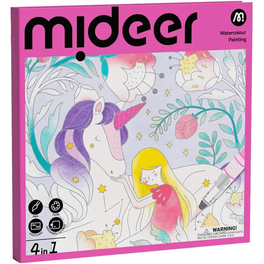 Duża kolorowanka akwarelowa dla dzieci z jednorożcem i dziewczynką w różowym opakowaniu Mideer