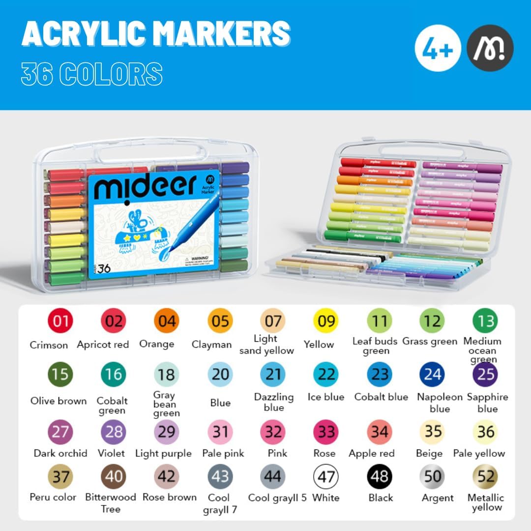 Zestaw markerów akrylowych mideer 36 kolorów w przezroczystej plastikowej kasecie