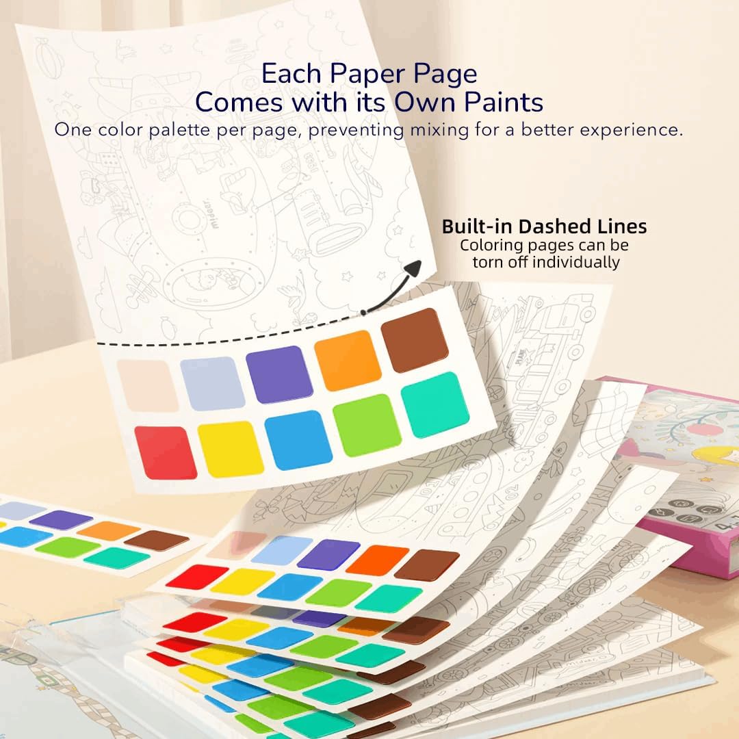 Duża kolorowanka akwarelowa dla dzieci z własnymi farbami na każdej stronie i łatwym odrywanie kartek