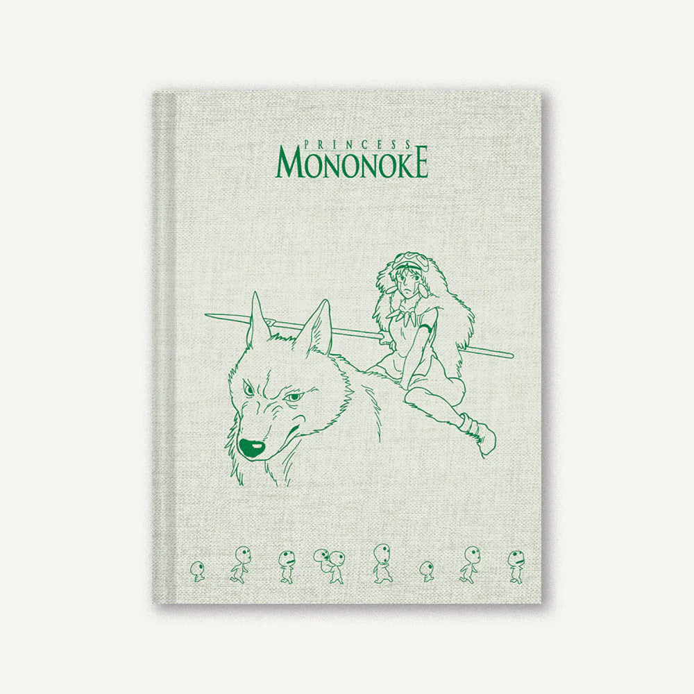 Notatnik Princess Mononoke z okładką w stylu rysunku zieloną grafiką postaci na szarym tle