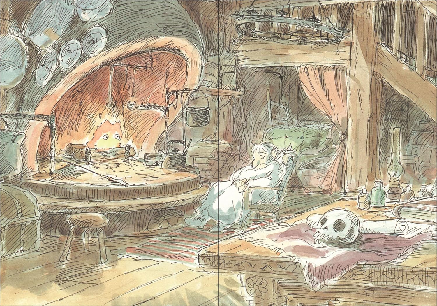Ilustracja z dziennika Howl’s Moving Castle przedstawiająca przytulne wnętrze kuchni i salonu z postacią i dekoracjami