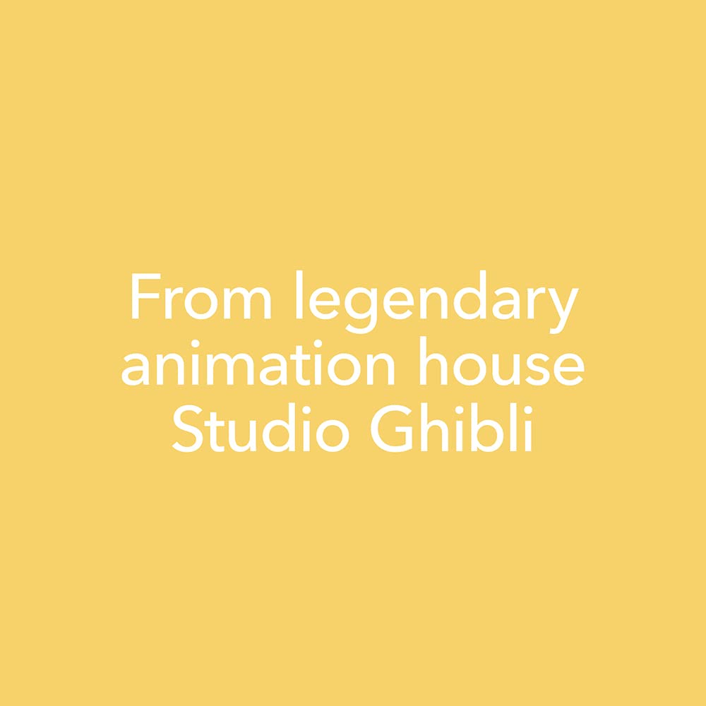 Minimalistyczny napis Studyjne Ghibli na żółtym tle promujący szkicownik Princess Mononoke