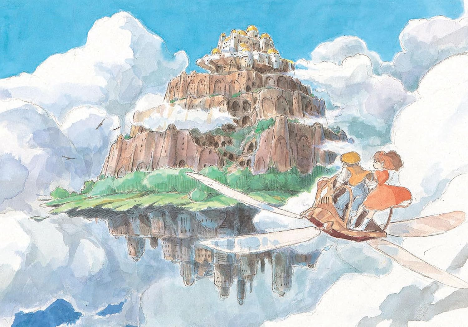 Ilustracja z dziennik Studio Ghibli Castle in the Sky przedstawiająca latającą kobietę i mężczyznę nad zamkiem w chmurach
