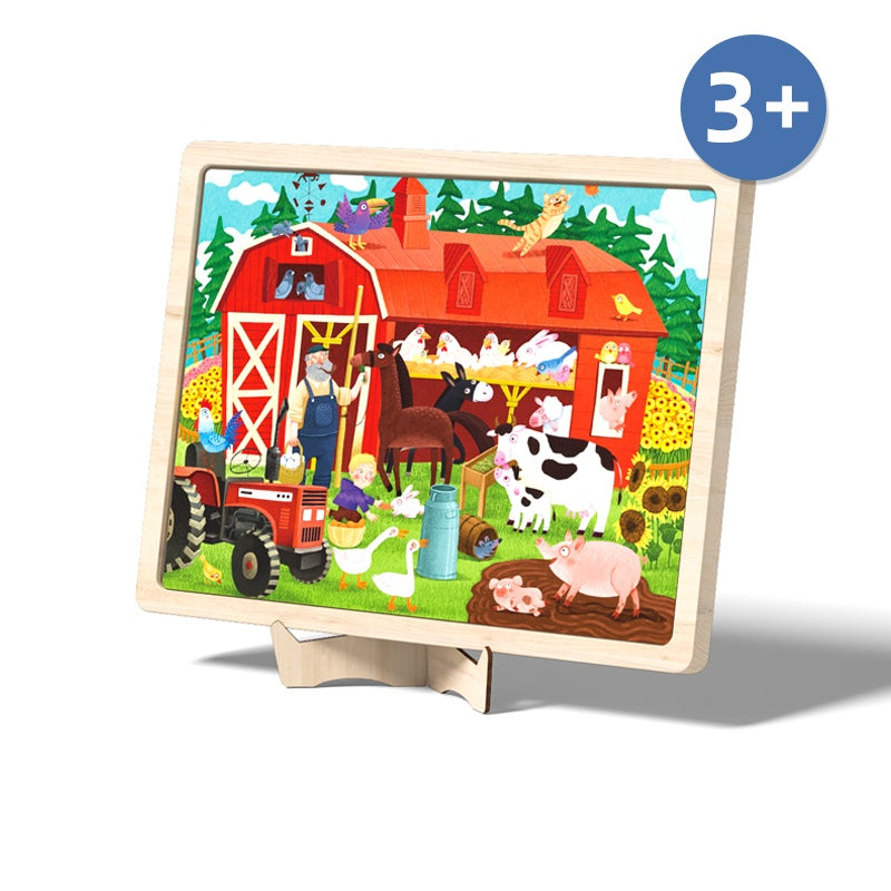 Drewniane puzzle farma dla dzieci z kolorowym obrazkiem zwierząt i budynków na wsi
