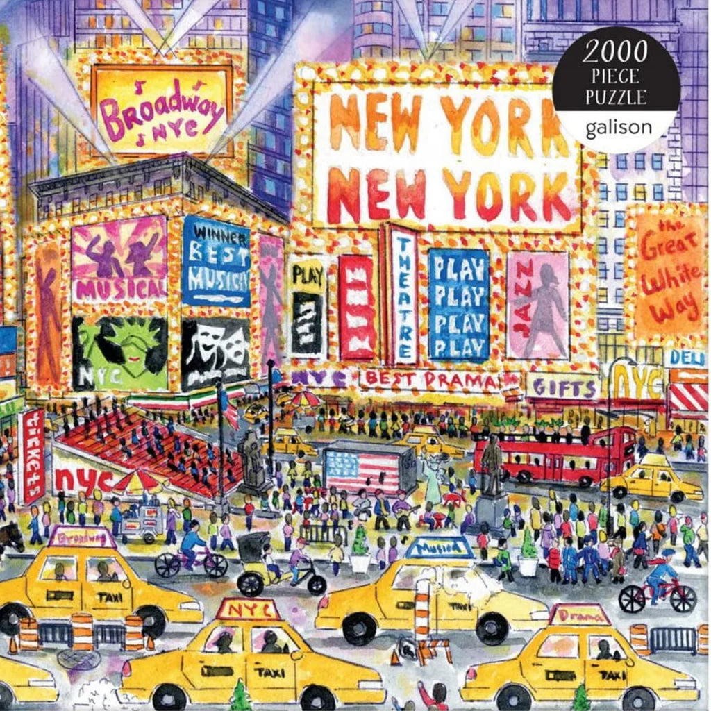 Puzzle Galison 2000 elementów przedstawiające tętniące życiem ulice Nowego Jorku z żółtymi taksówkami i kolorowymi reklamami