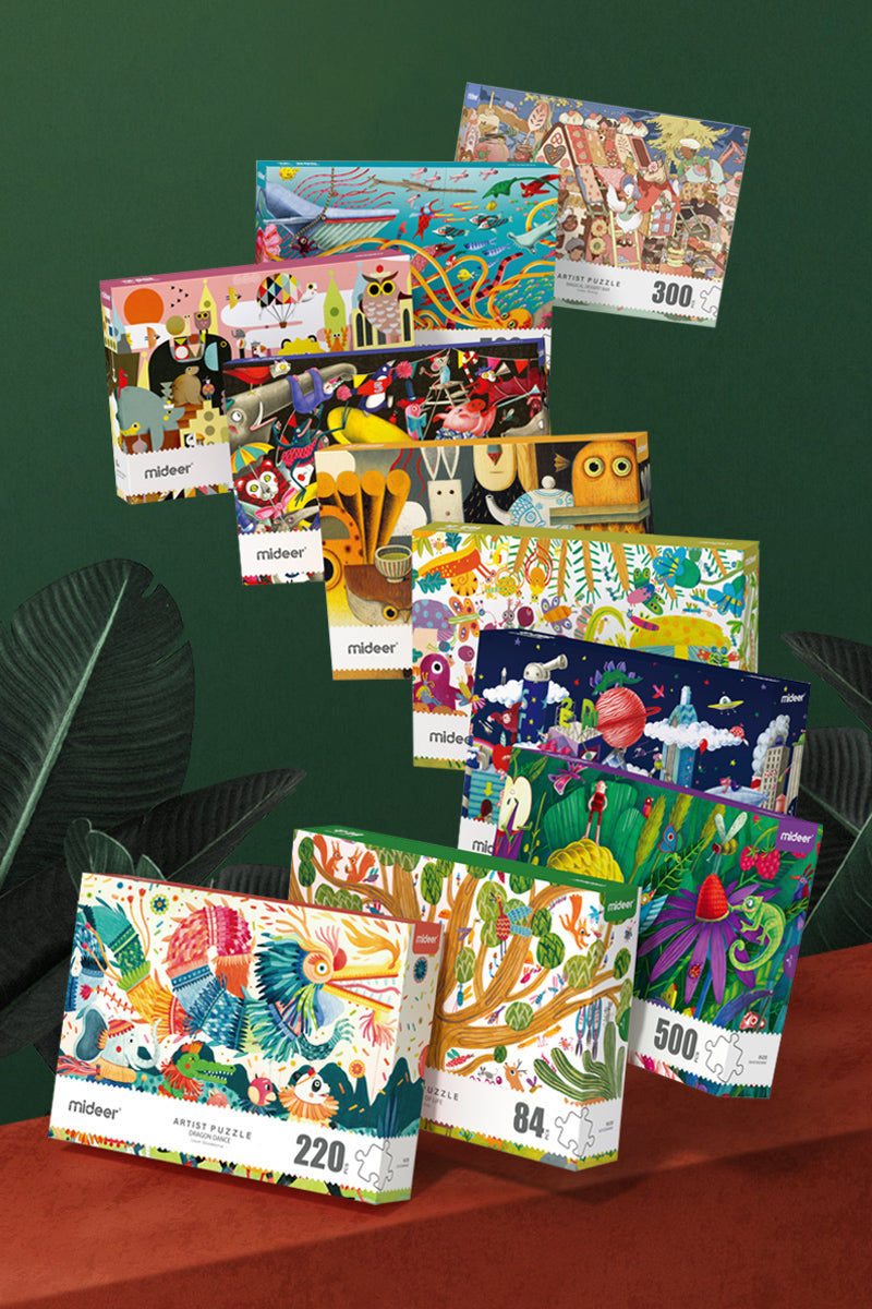 Zestaw kolorowych pudełek z puzzlami artystycznymi marki mideer puzzle artystyczne mideer ogrodowe ludki